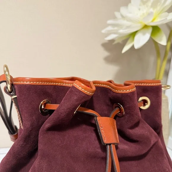Dooney & Bourke Burgundy Suede Leather Drawstring Bucket Shoulder Bag - Picture 6 of 13